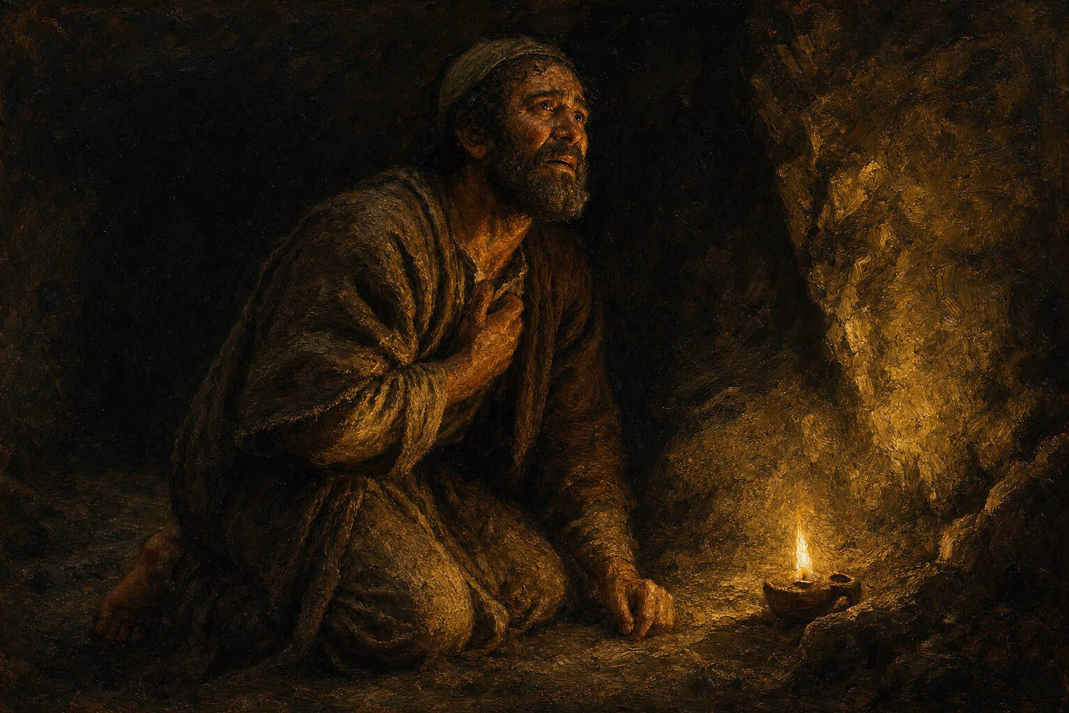 A single small flame in a vast dark cavern, one figure kneeling near it, the far walls barely lit