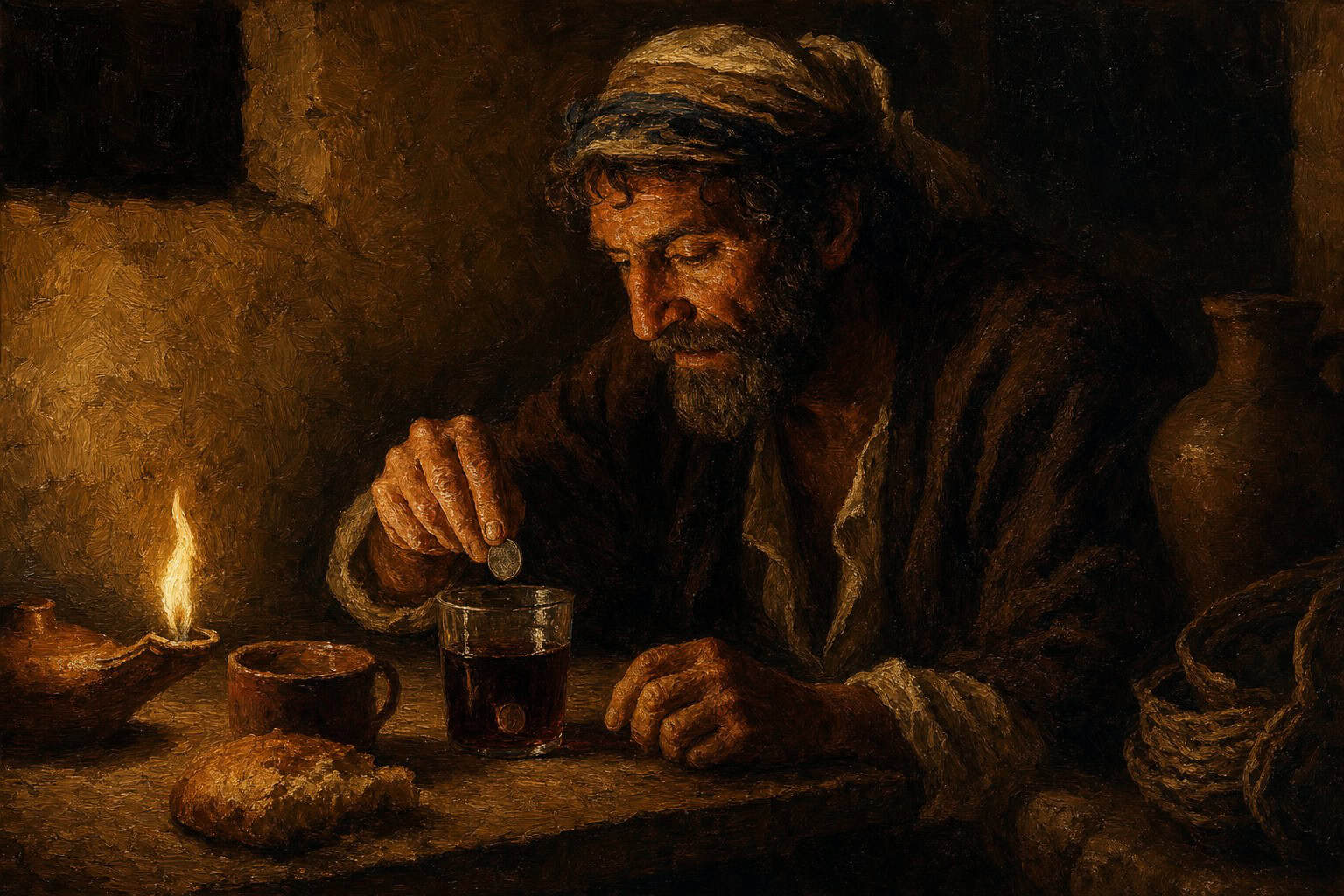 A still figure at a dim table, mouth closed, a single coin sinking into a glass of dark water, one lamp burning