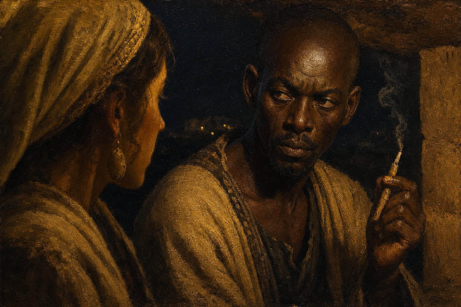 Two figures on a dark porch, one exhaling a smoking taper smoke into dim night air, faces half-lit