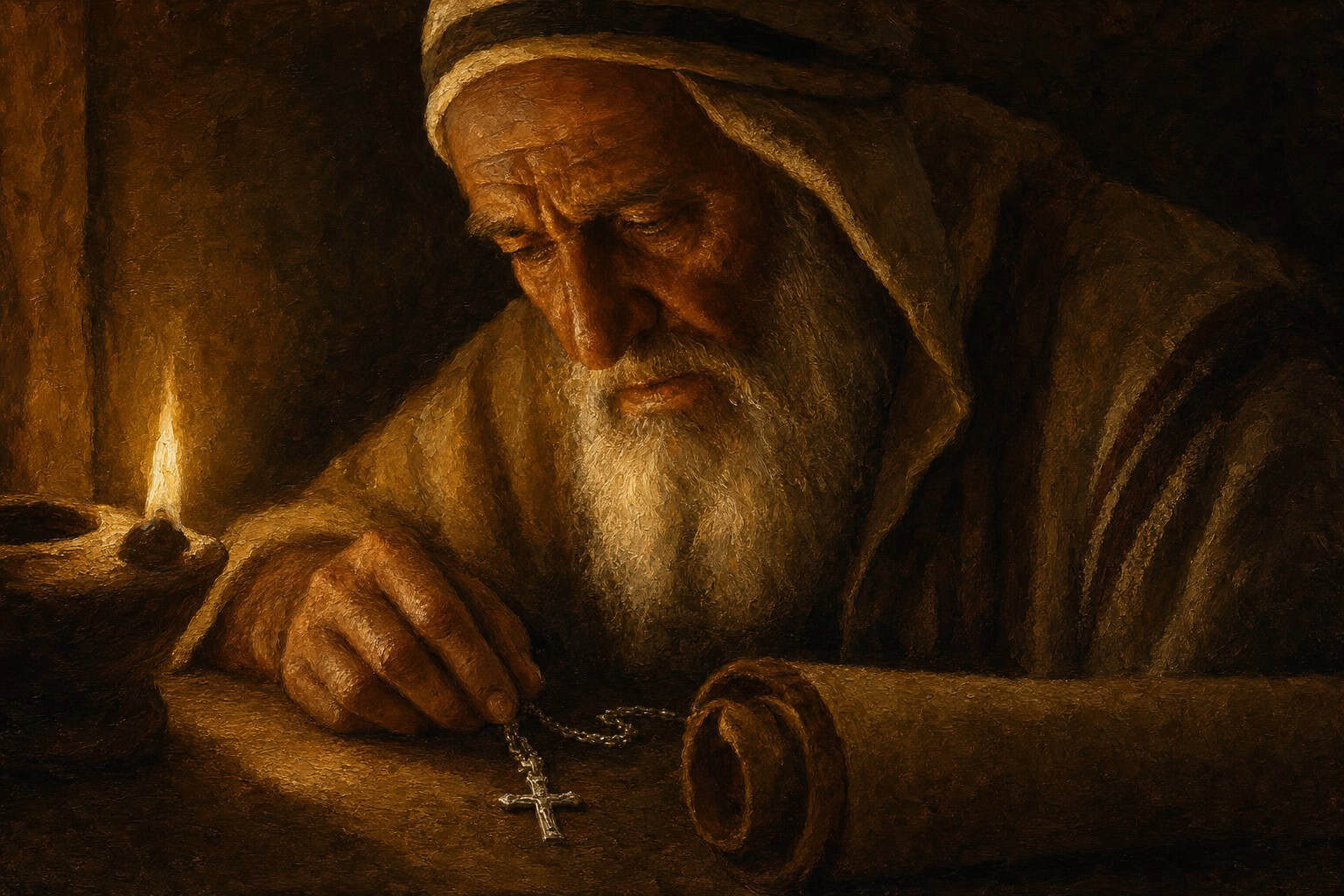 A small silver crucifix necklace resting on a wooden table, half in shadow, near a scroll face-down