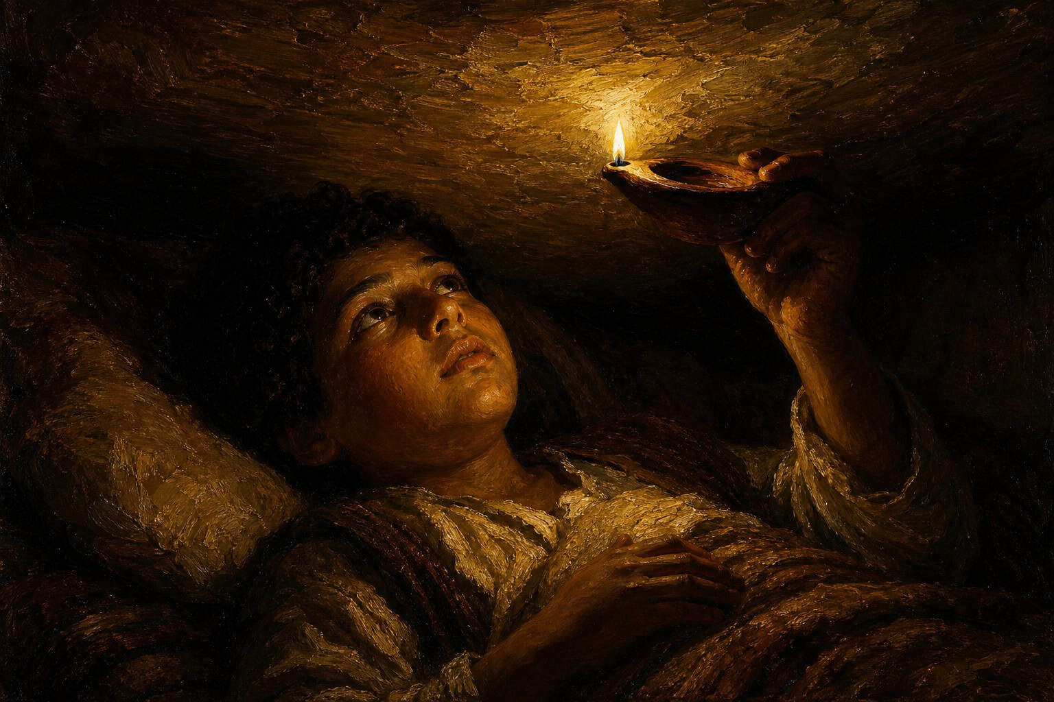 A figure lying in a dark room, face and ceiling lit only by a small handheld a clay oil lamp