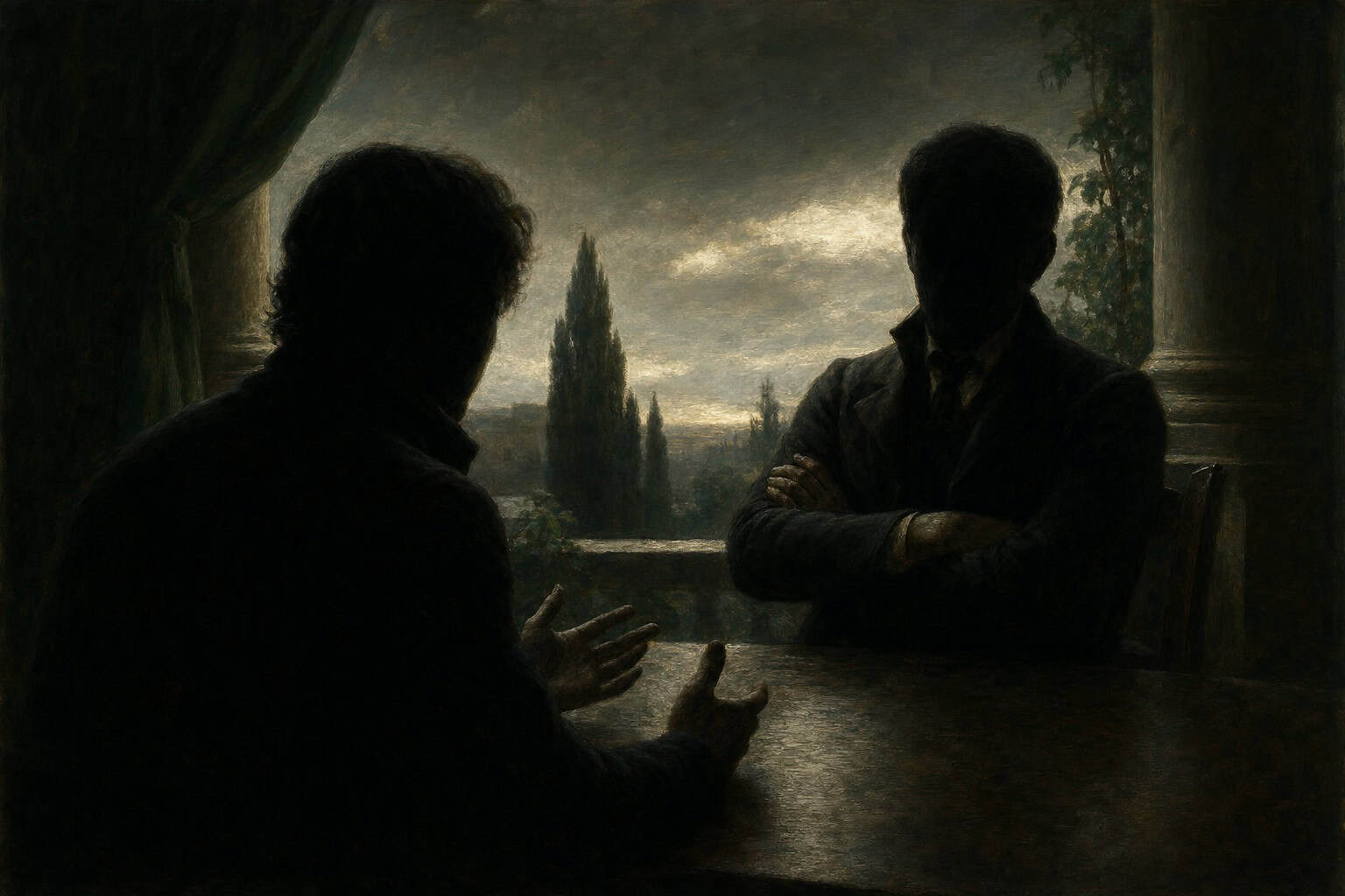 Two men sit at a stone table, engaged in conversation, illuminated by a small oil lamp, with a twilight landscape in the back