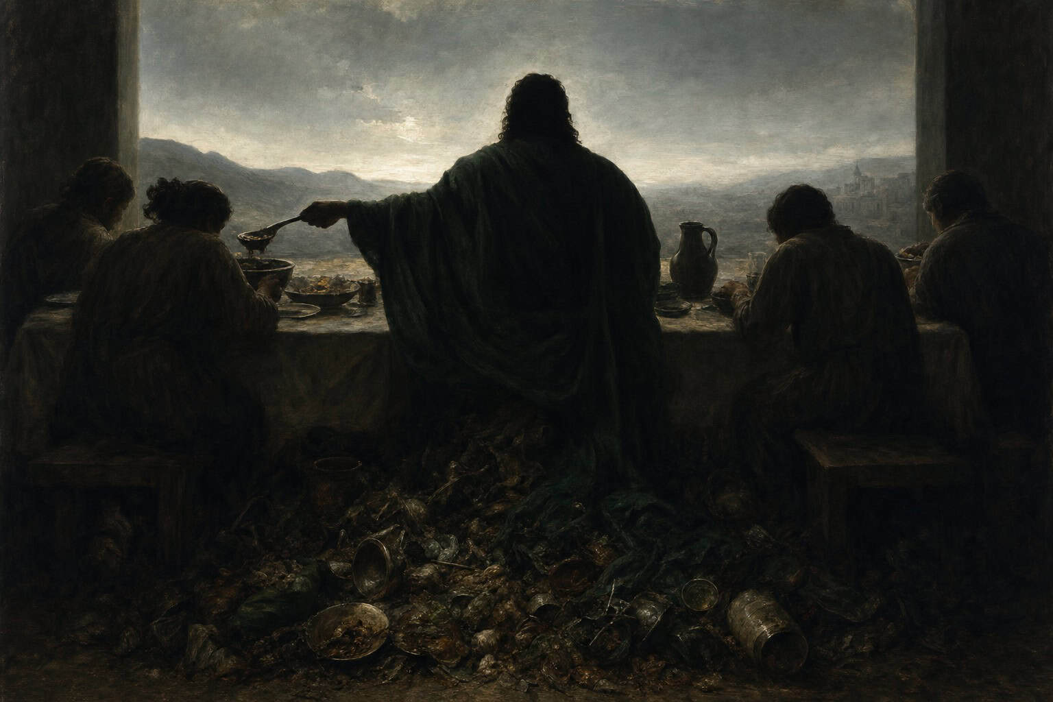A figure feeding others at a table while waste accumulates beneath — Fractions of the Soul by Anthony Adore