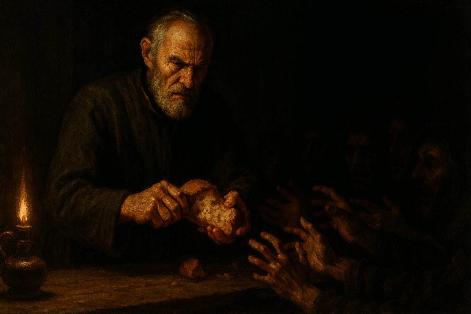 An old teacher, face taut with restrained anger, offers bread to grasping shadowed figures by lamplight
