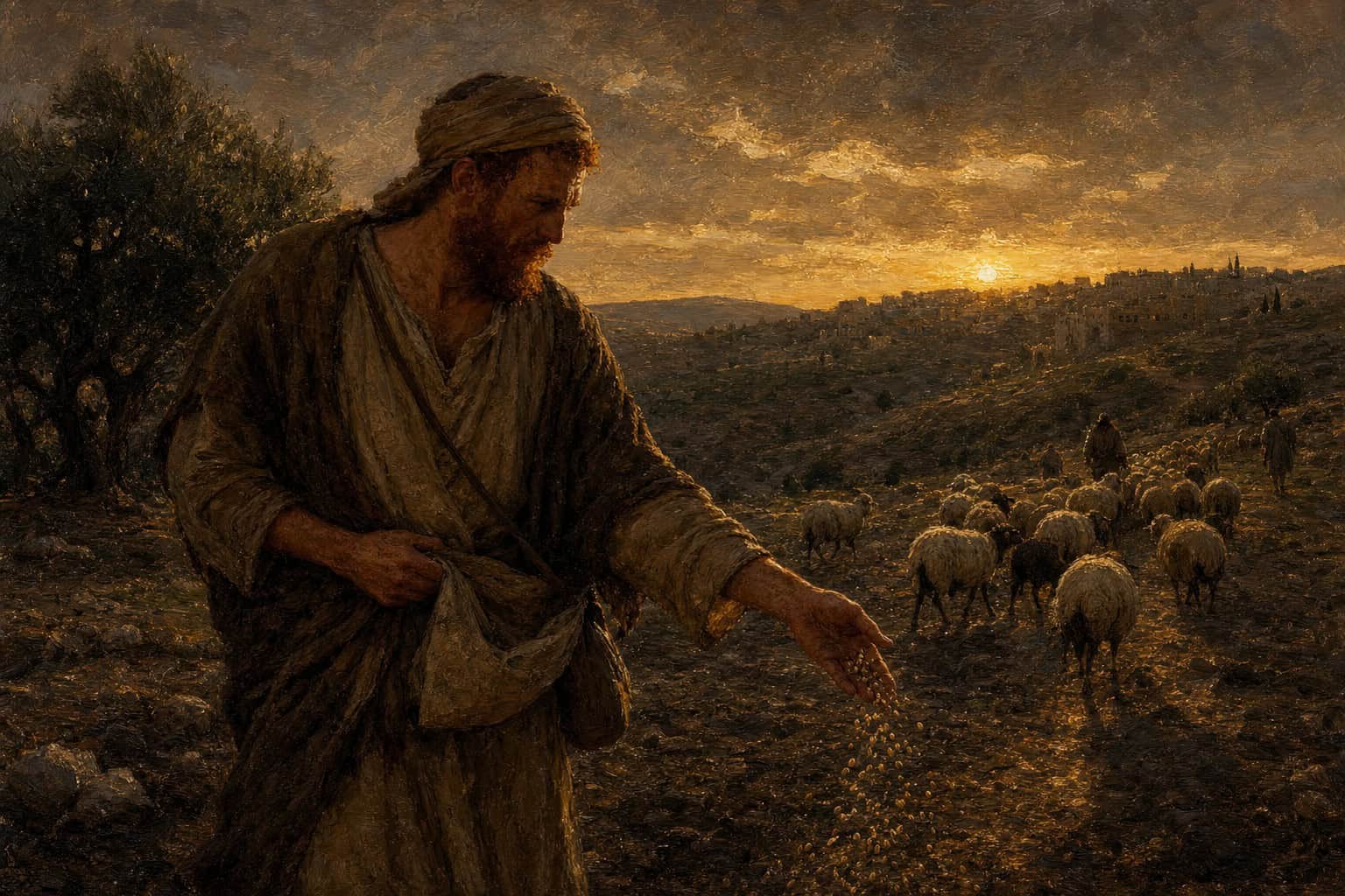 A weary man at dusk scattering seed onto bare ground, hand open, sheep drifting past him toward a far green hill