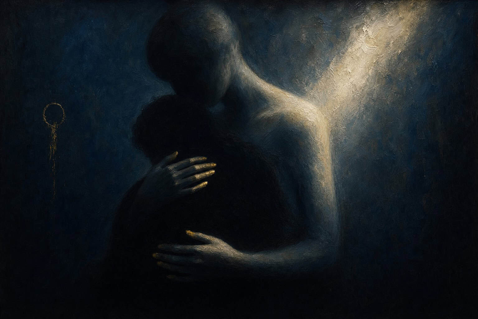 A faceless figure cradling their own shadow with gentle hands, a restrained gold light on the fingertips — a painterly chiaroscuro oil painting evoking the attunement of Tenderness, by Anthony Adoré.