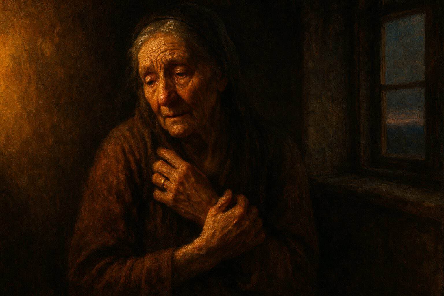 Elderly woman cradling her own wrist in warm lamplight, weathered face soft with tender grief