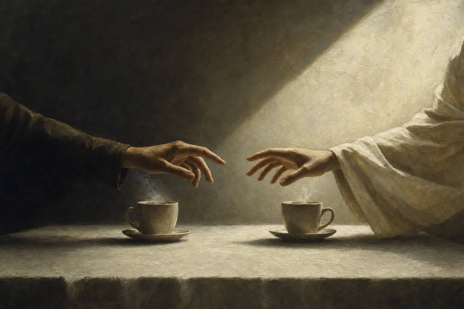 two steaming coffee cups between hands that almost touch but hold back — Confessions to the Empty Chair by Anthony Adore