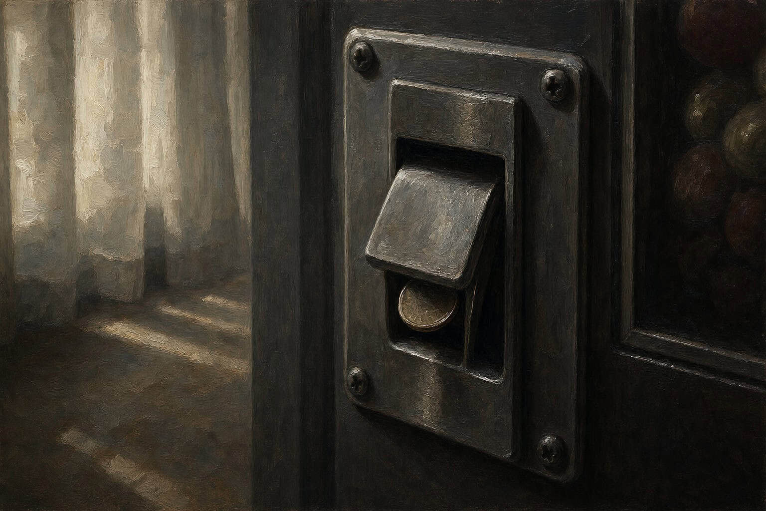 A vending machine coin chute with a single coin stuck halfway, held in place, unable to fall or return — Confessions to the Empty Chair by Anthony Adore