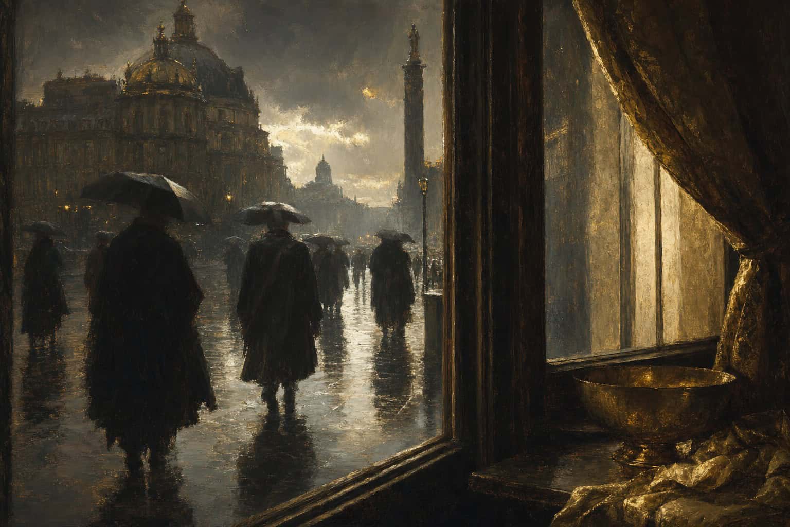 A group of five figures in tattered robes walks through a dimly lit, cobblestone street, illuminated by a lantern.