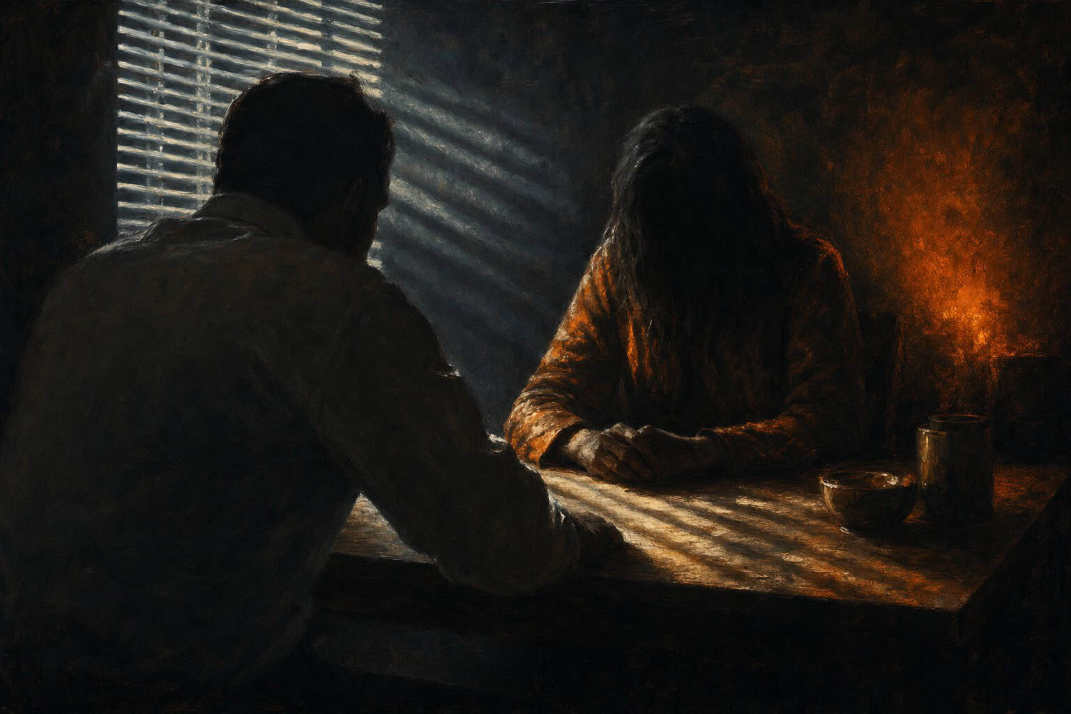 kitchen table interrogation under harsh light — Confessions to the Empty Chair by Anthony Adore