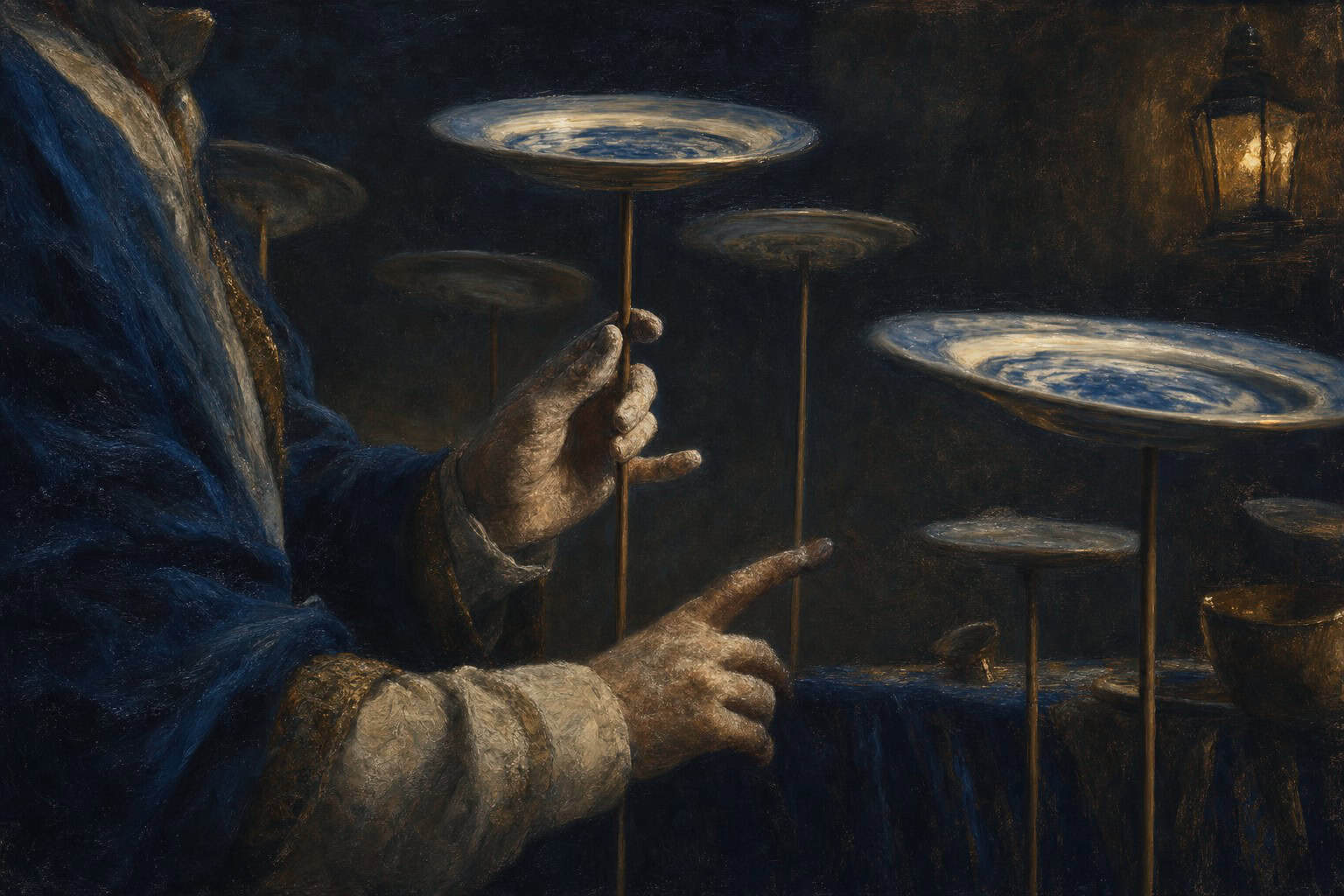 a juggler’s spinning plates on thin poles, chalk-dusted hands and a faint porcelain hum — Confessions to the Empty Chair by Anthony Adore