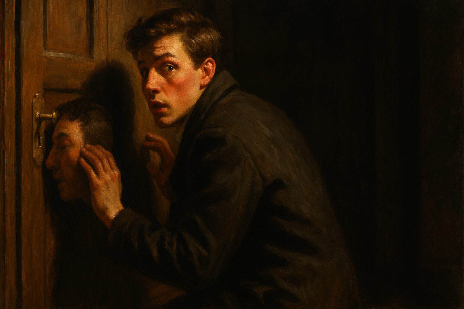 Young man at a keyhole freezes in shame, sensing he is watched from behind in a shadowed hall