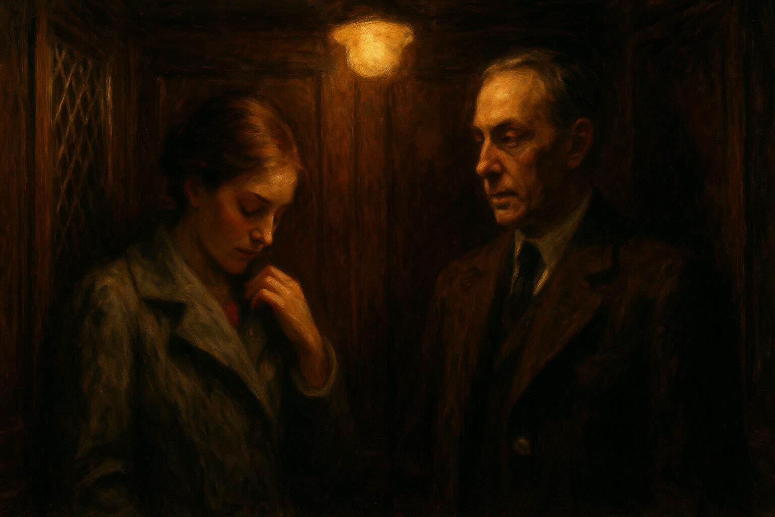 Young woman self-consciously adjusting her collar under an older man's gaze in a dim elevator