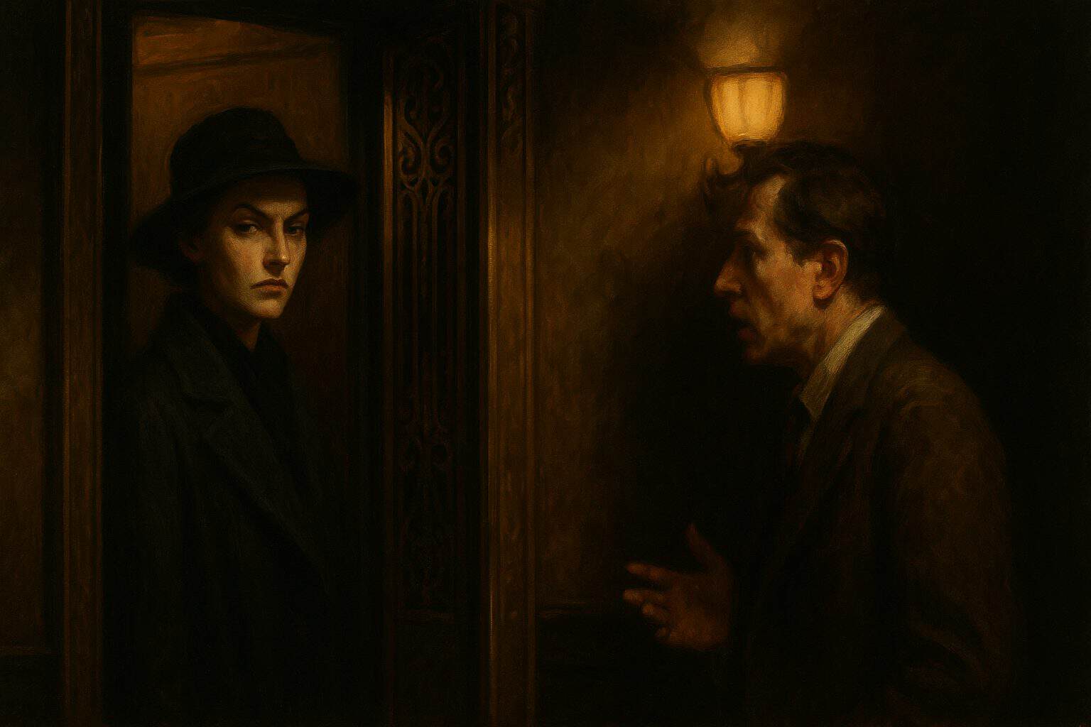 A woman's appraising stare meets a self-conscious man at parting elevator doors in warm light