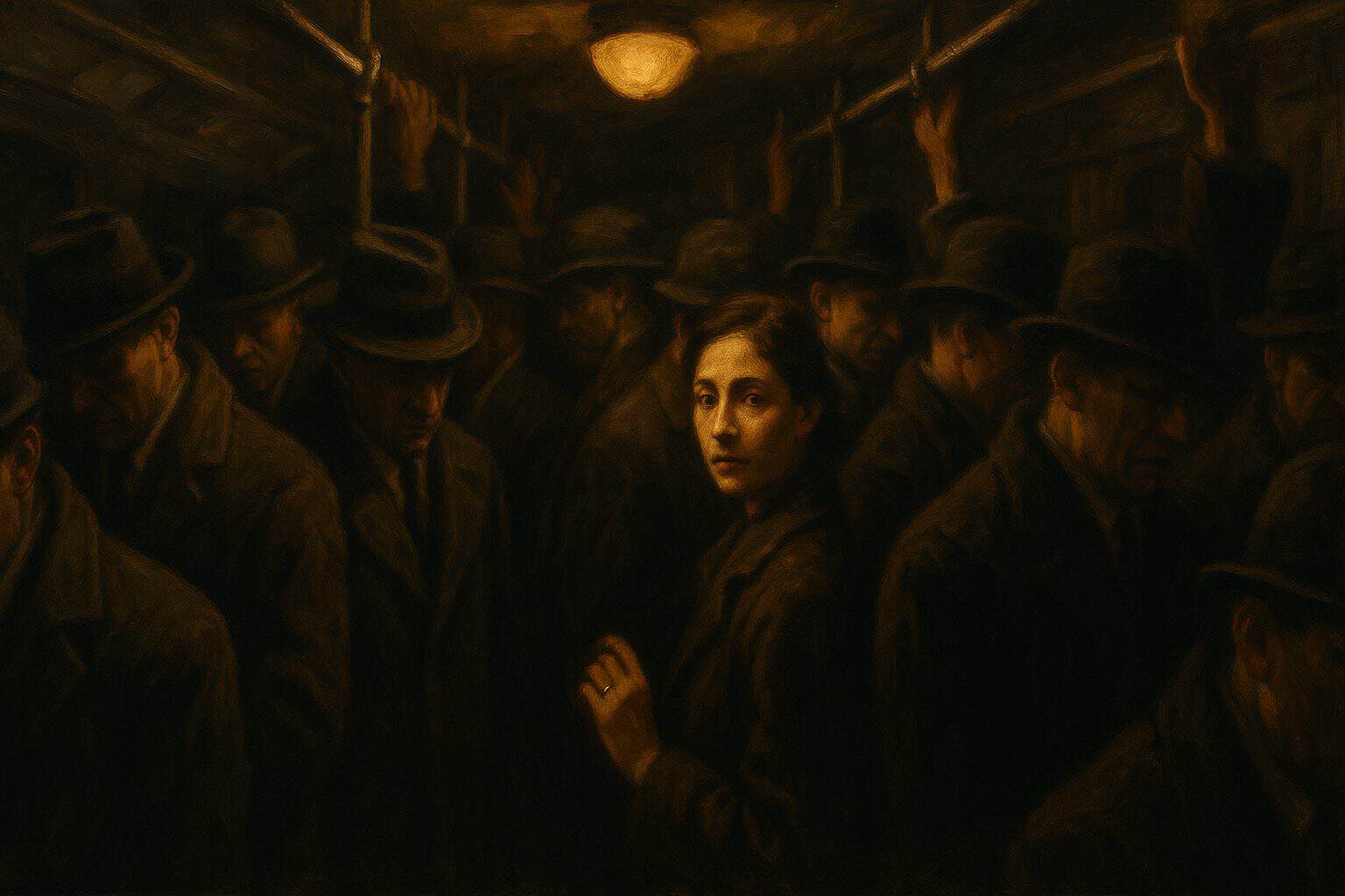 A young woman awakening amid a crowd of blank-faced commuters swaying in a dim subway car
