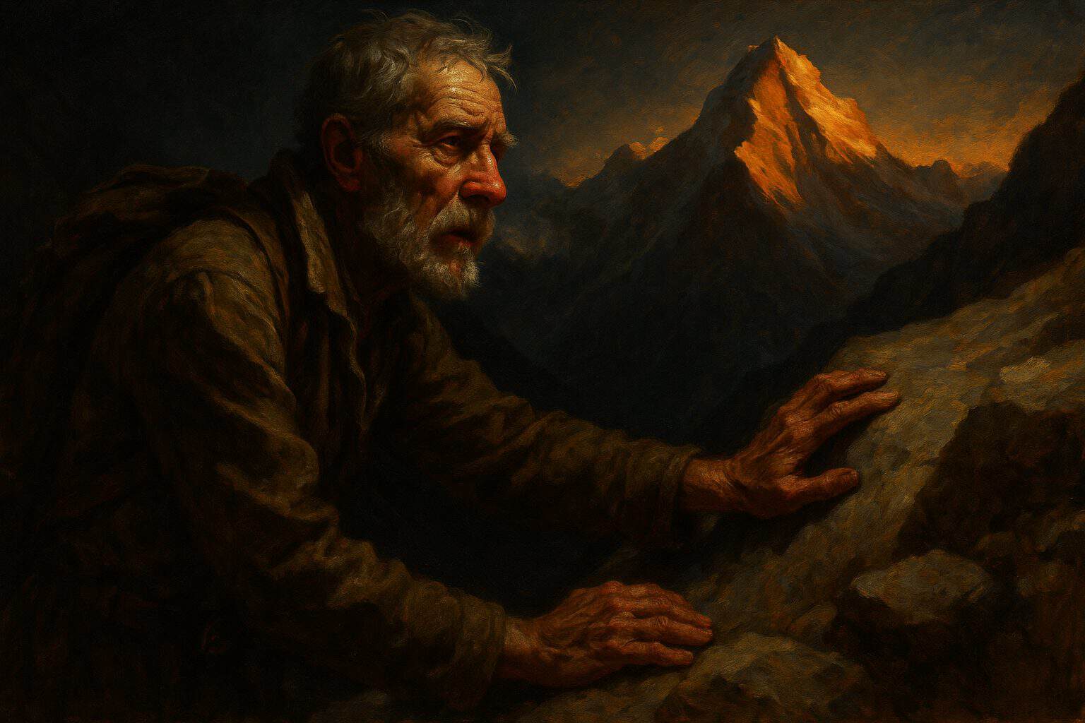 Aged mountain guide gripping cold rock at dawn, breath heaving, weary reverence on a high ridge