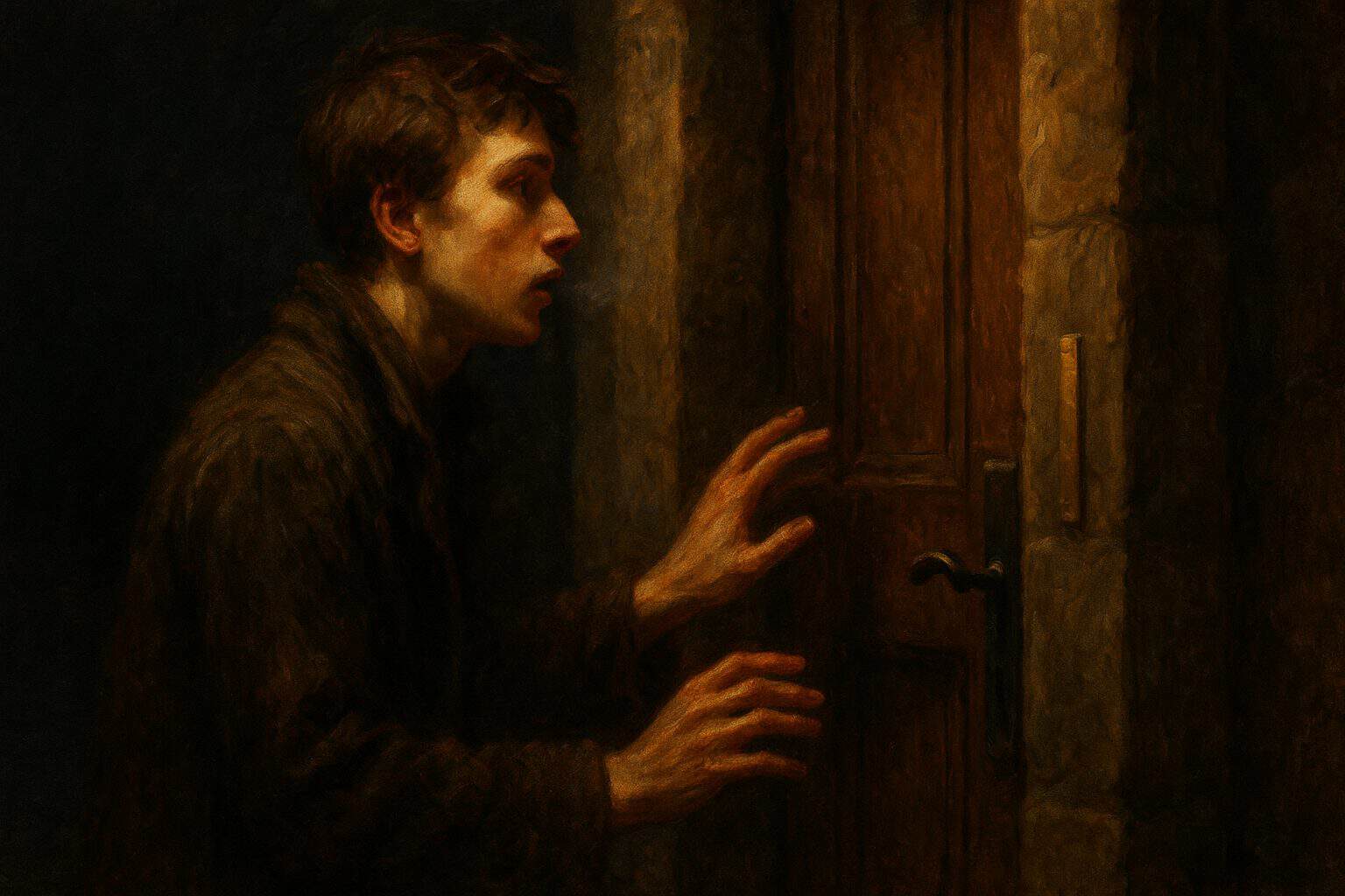 A young man pauses at a wooden doorway with one hand raised toward the door.