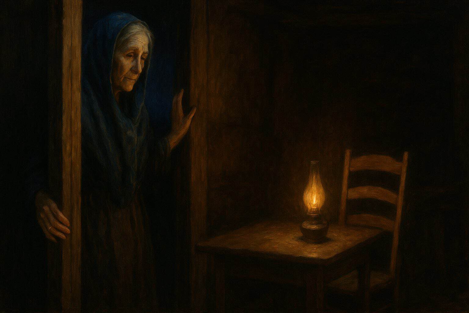 Old woman in a doorway gazing at an empty lamplit chair, aching with tender expectancy