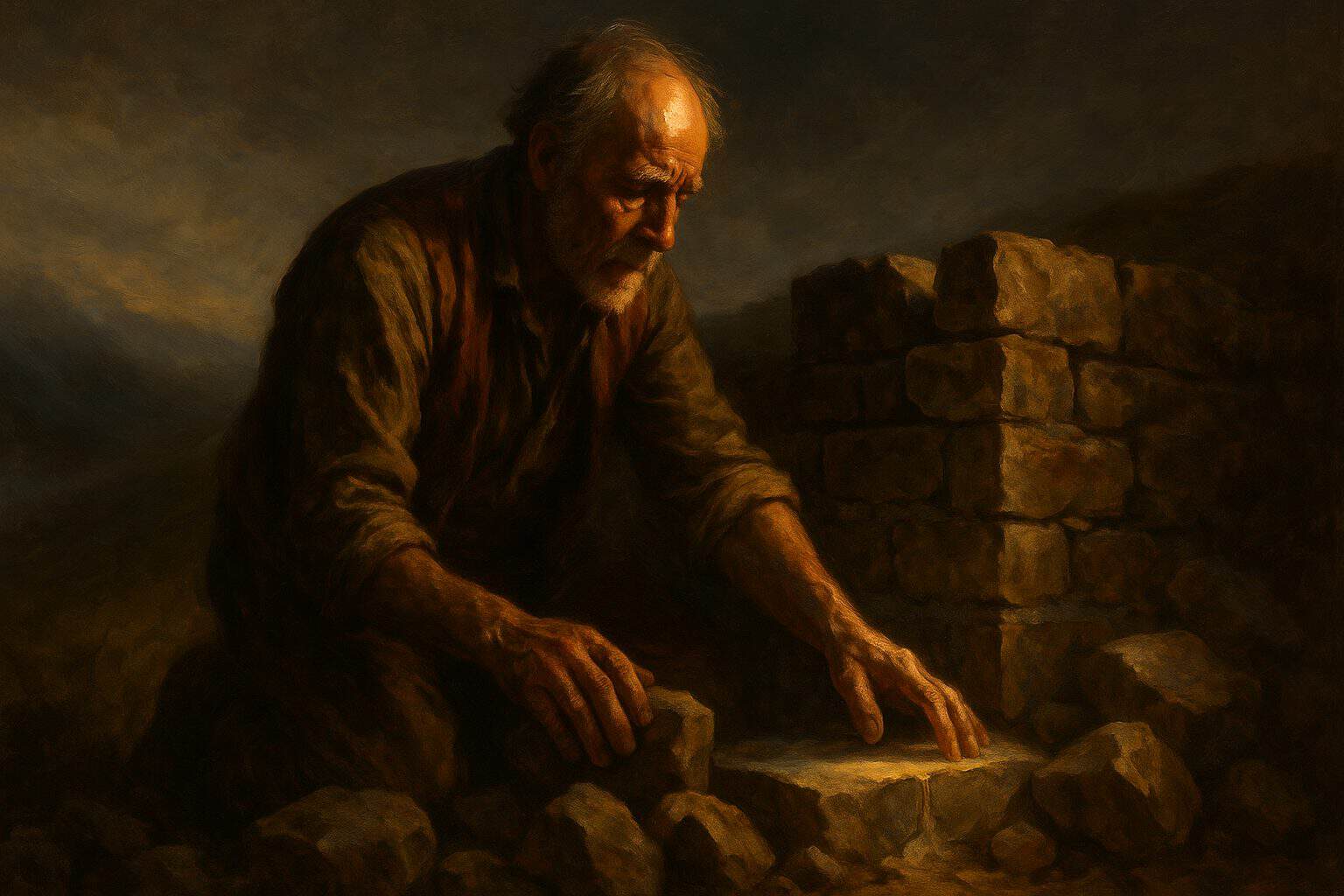 An aging stonemason at dawn building a wall from unchosen stones, grave and resolute