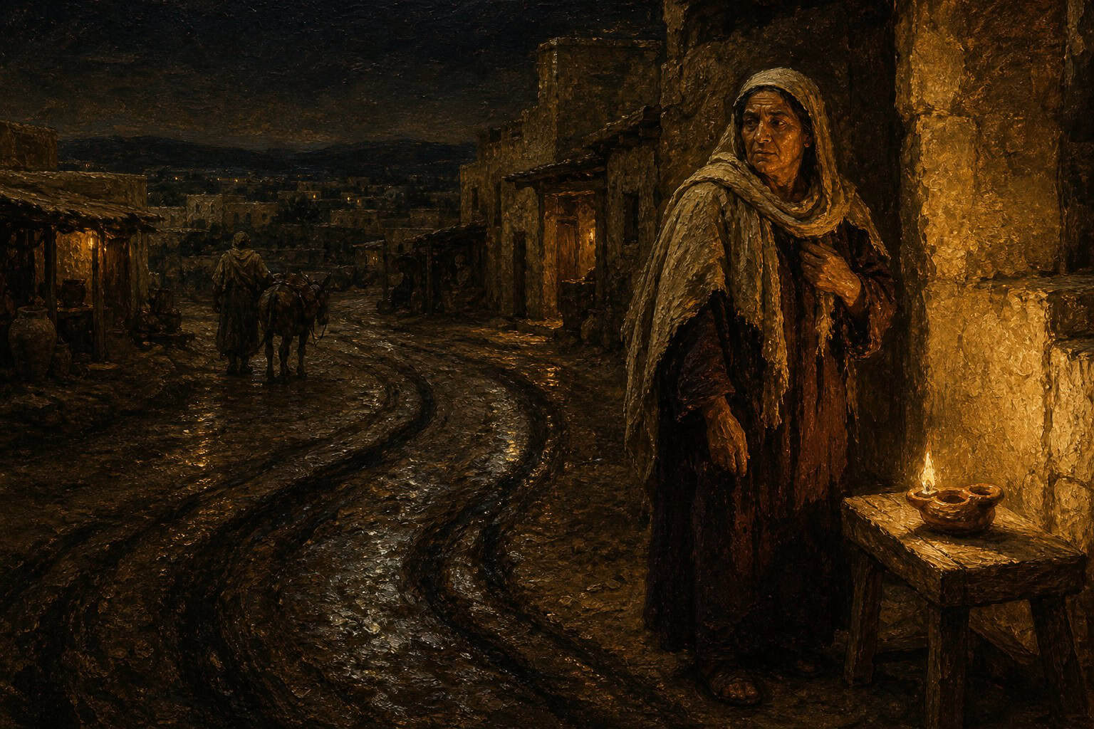 Dark tire skid marks curving across wet night asphalt under a single clay lamp.