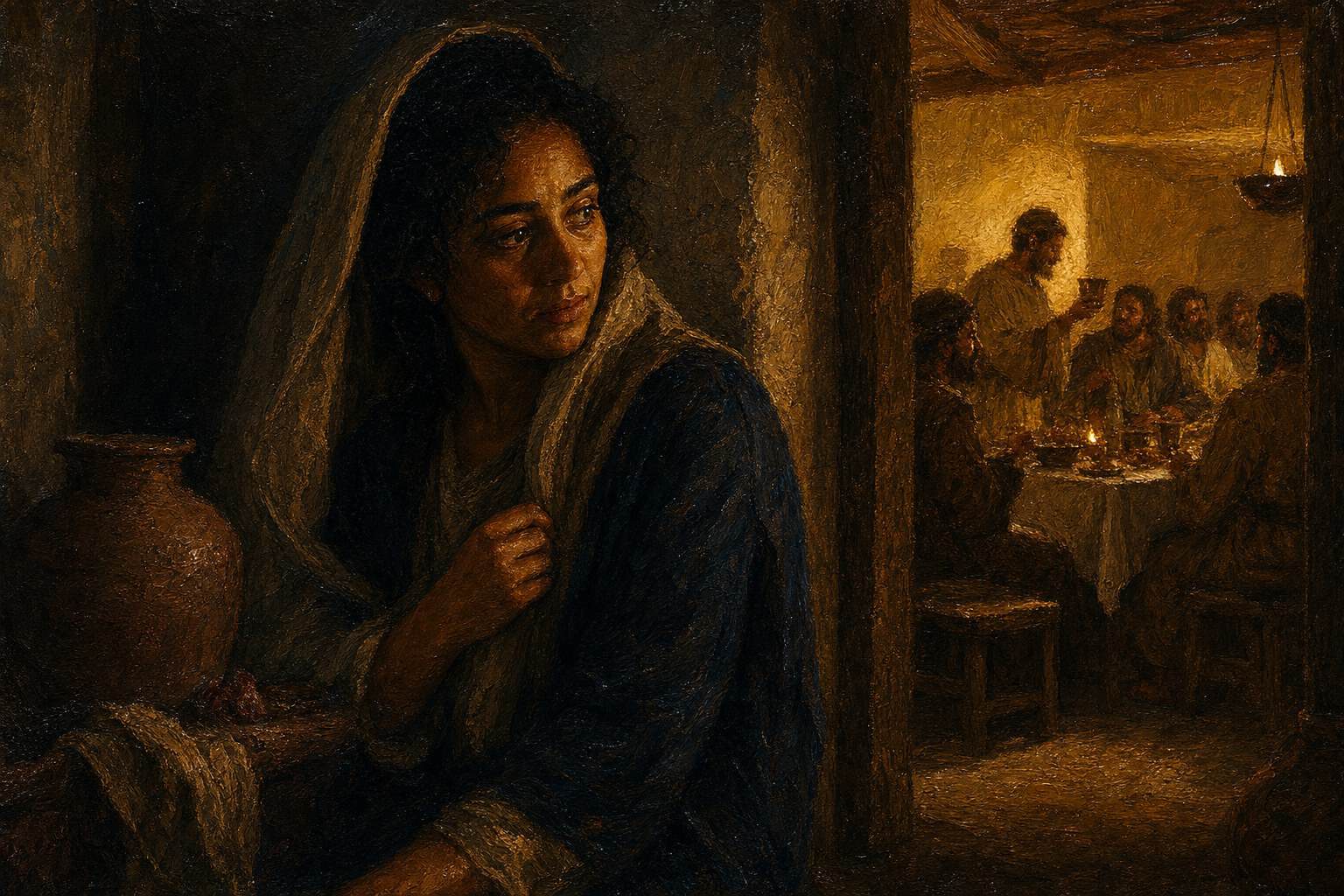A solitary figure in shadow at the threshold of a warmly lit banquet hall, unseen by the feasting crowd
