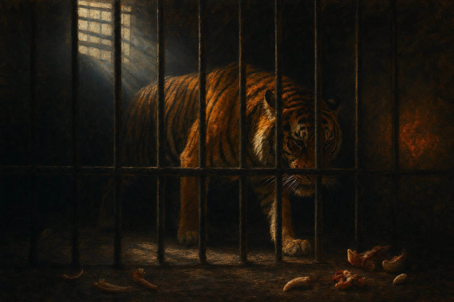 An elderly man with a beard sits on the ground, gazing at a tiger in a cage, illuminated by a shaft of light.