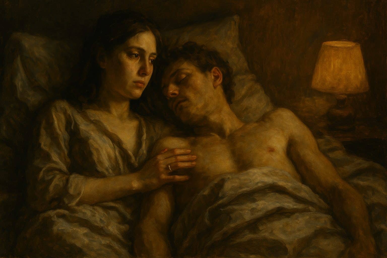 A woman rests her hand on a sleeping man's chest at dawn, her gaze distant and quietly lonely