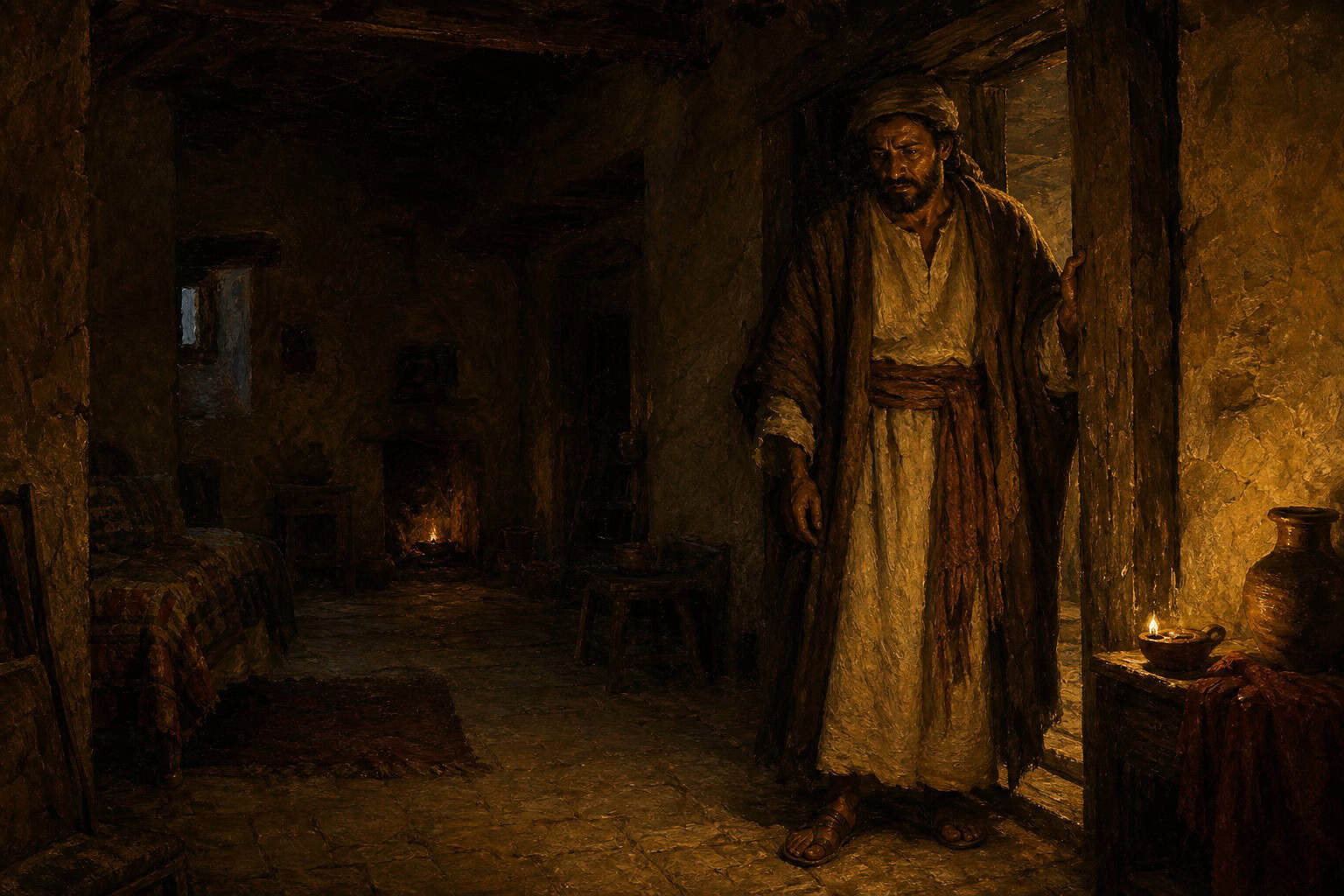 A lone figure paused in a dim doorway, the far corners of a vast room swallowed in shadow beyond the reach of the light