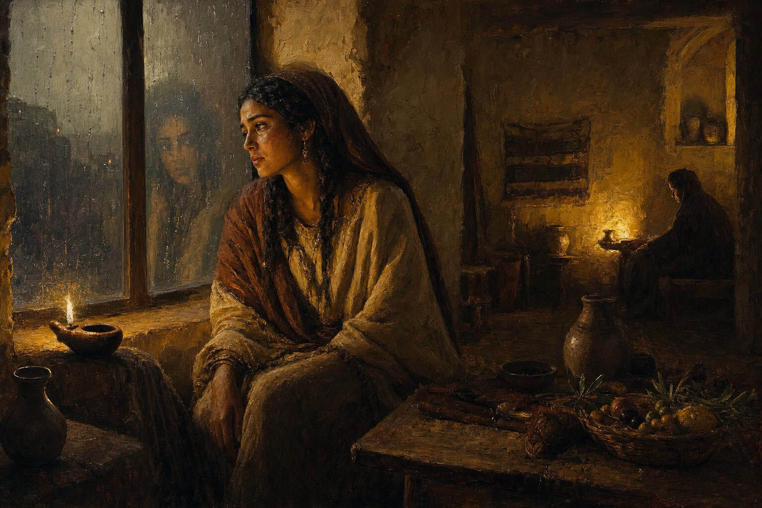 A solitary figure seated by a rain-streaked window at dusk, faint reflection doubling in the glass