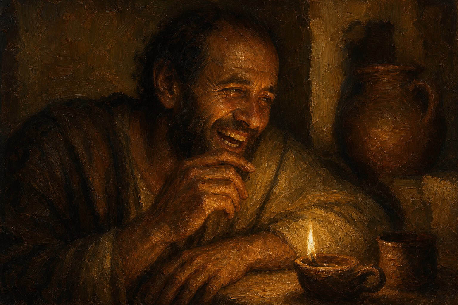 A lone man laughing in the glow of a small clay lamp at night, his eyes not laughing