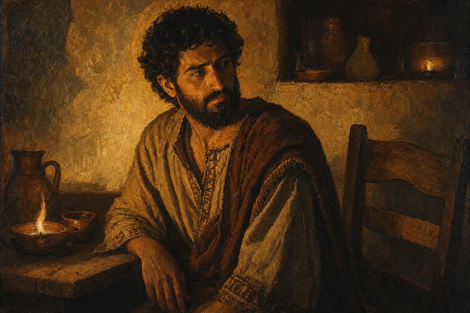 A dim room at dusk, a single figure seated in a pool of lamplight with an empty chair beside them