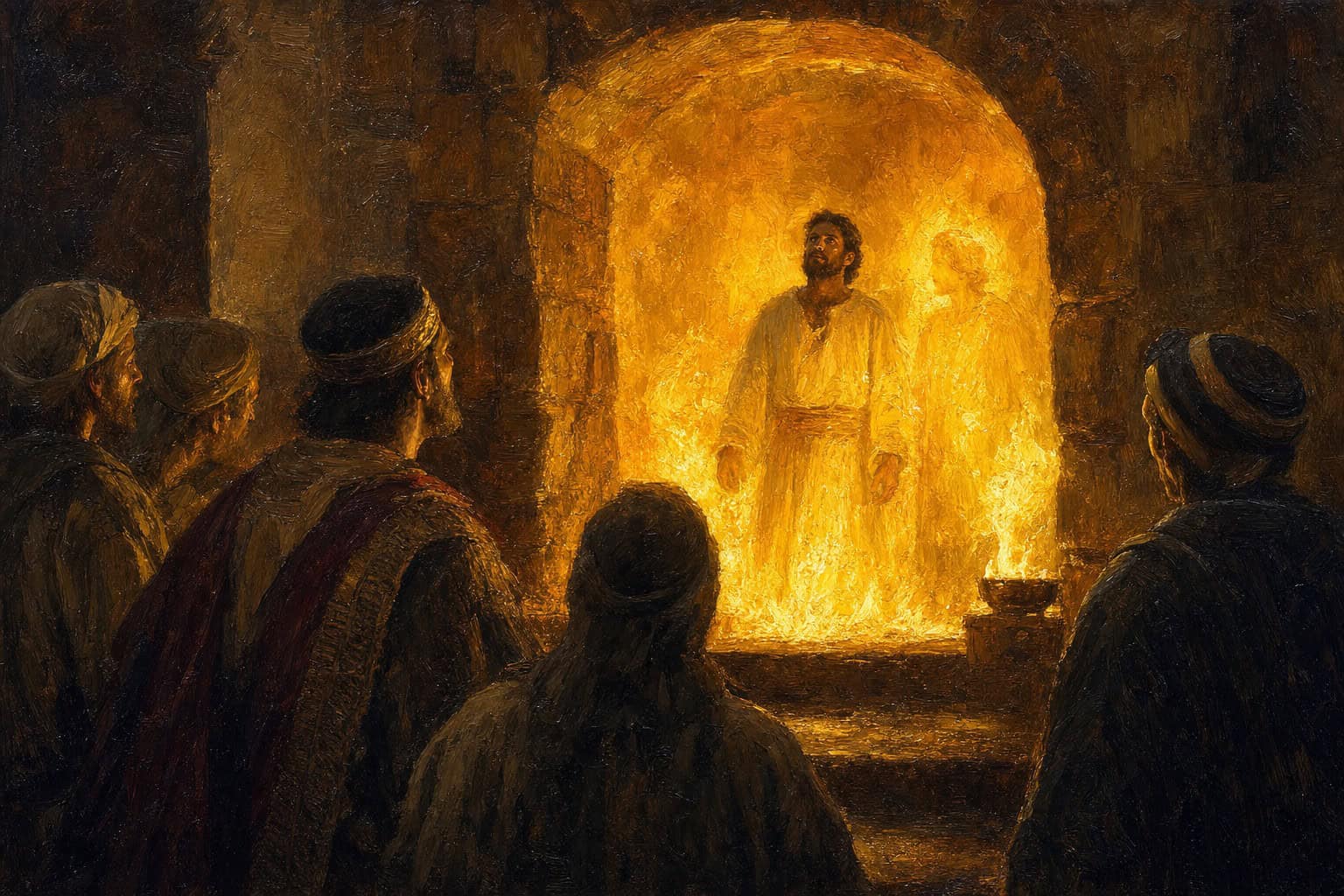 A figure standing inside a bright furnace, a fourth shape barely visible beside him in the flame