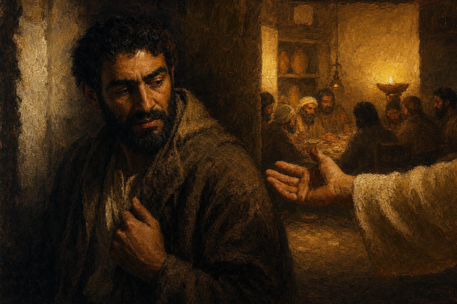A figure at the edge of a lit, crowded room, half in shadow, a heavy coat still on his shoulders