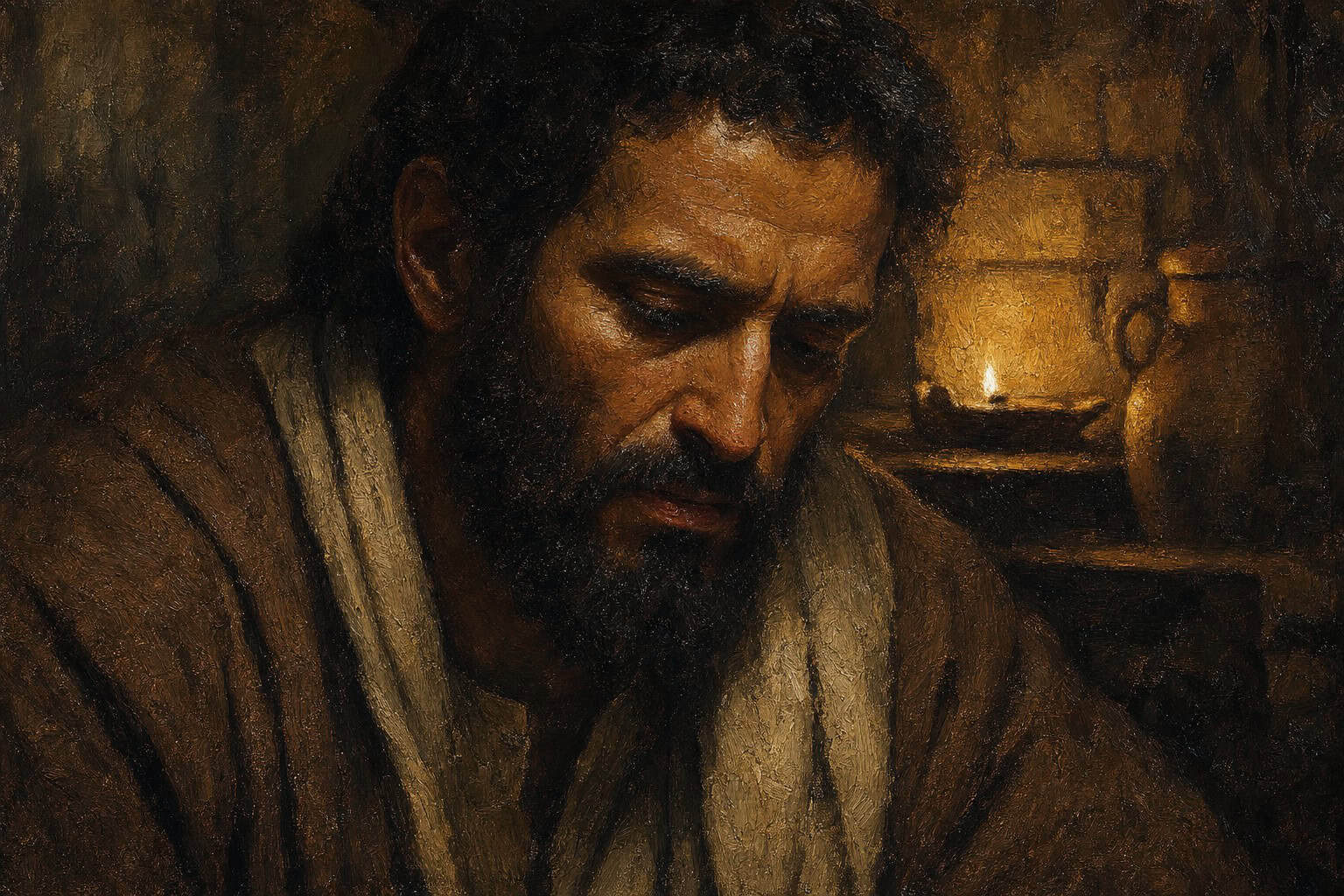 A man alone in a dim stone cellar, seated with head bowed, a faint unregarded warmth spilling from behind him