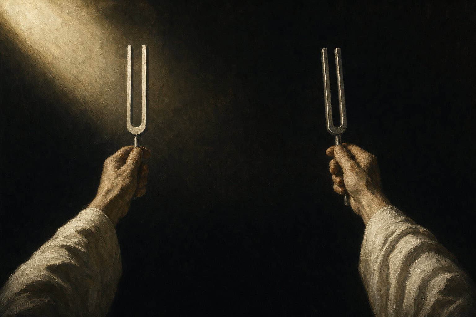 Two tuning forks held at arm's length in darkness, their metal catching fragmentary light — Fractions of the Soul by Anthony Adore