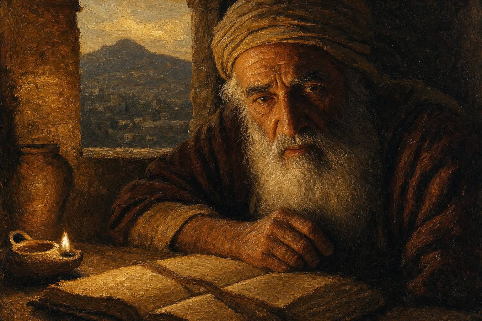 A solitary man at a dark table, a ledger open before him, half his face lit warm and half in shadow