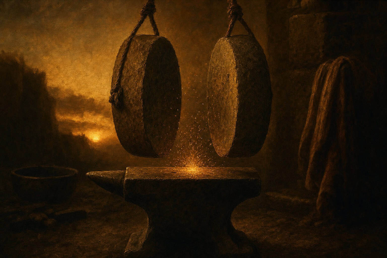 two rough whetstones suspended above an anvil, a faint shower of sparks just beginning between them — Fractions of the Soul by Anthony Adore
