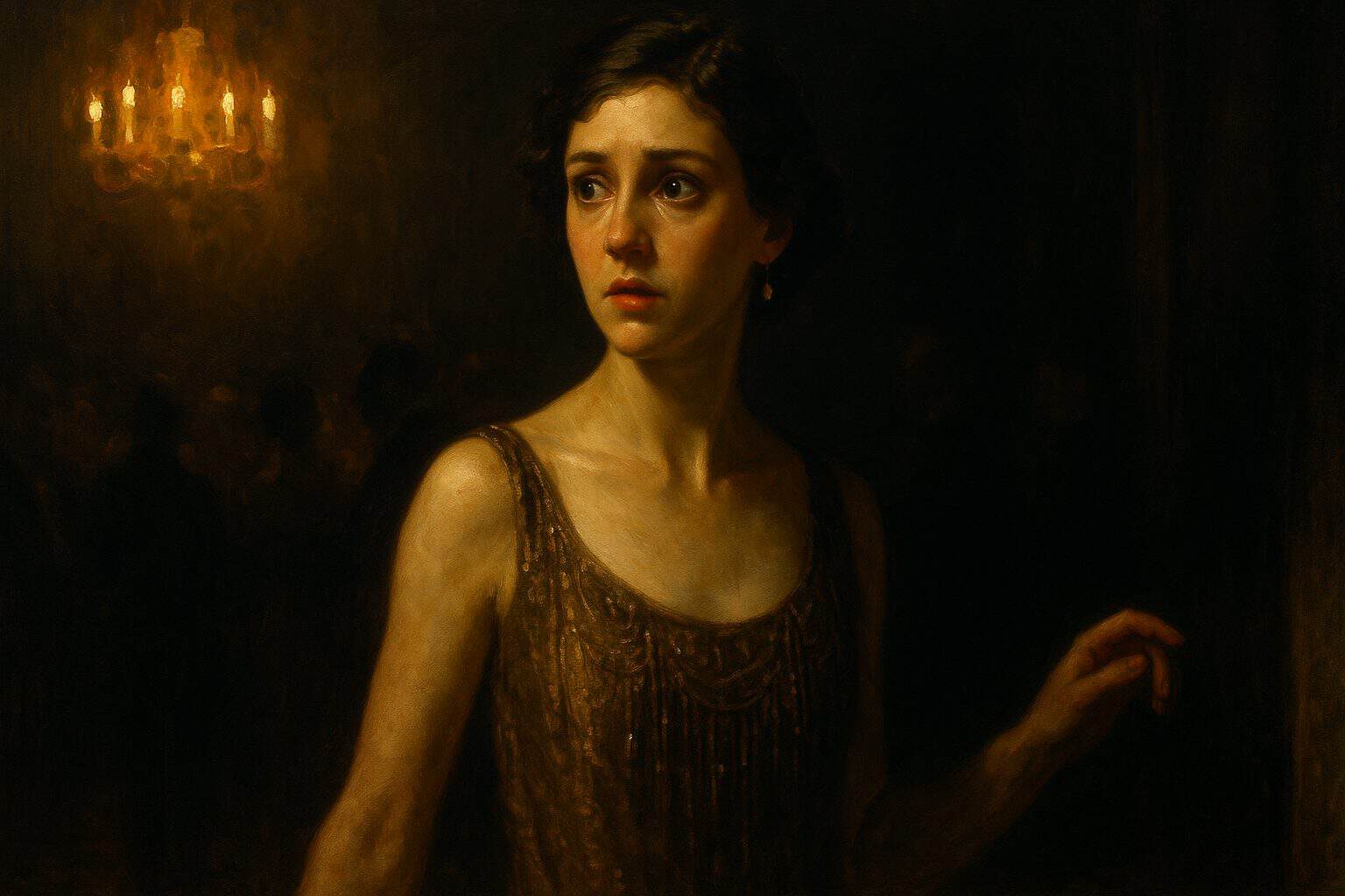A young woman composing her posture as she feels an observing gaze, poised yet quietly anxious