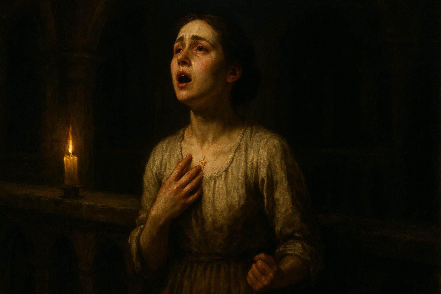 A young woman sings with clasped hands beside a candle in a shadowed room.