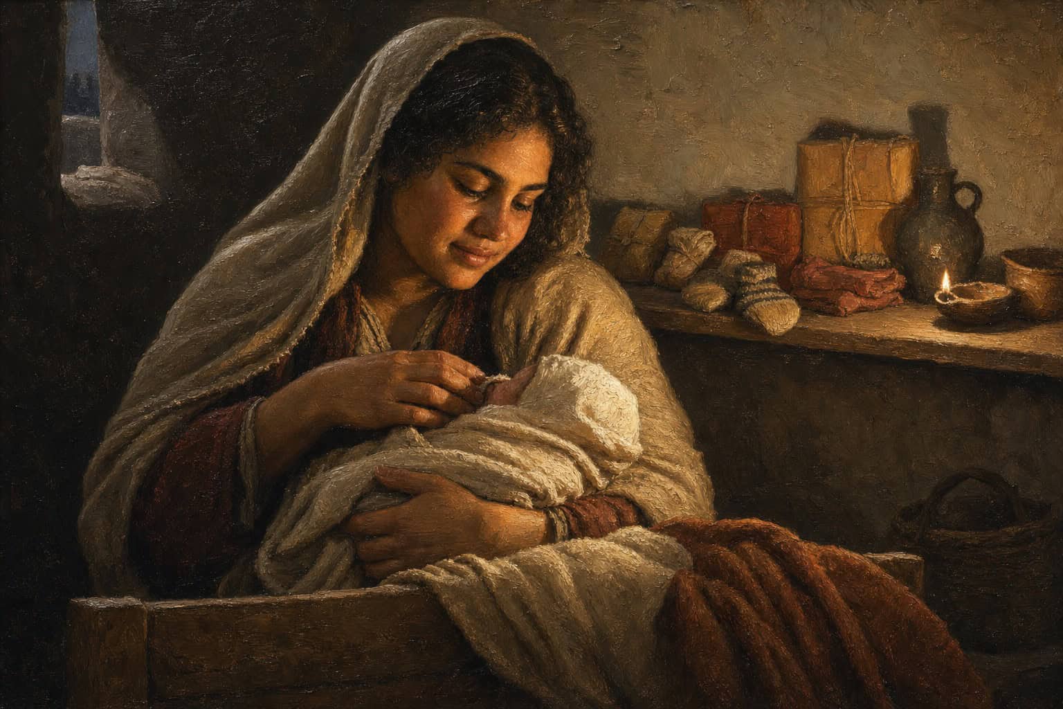 A dim nursery in gray afternoon light, unopened gifts and small folded socks arranged along a shelf beneath a bare wall.