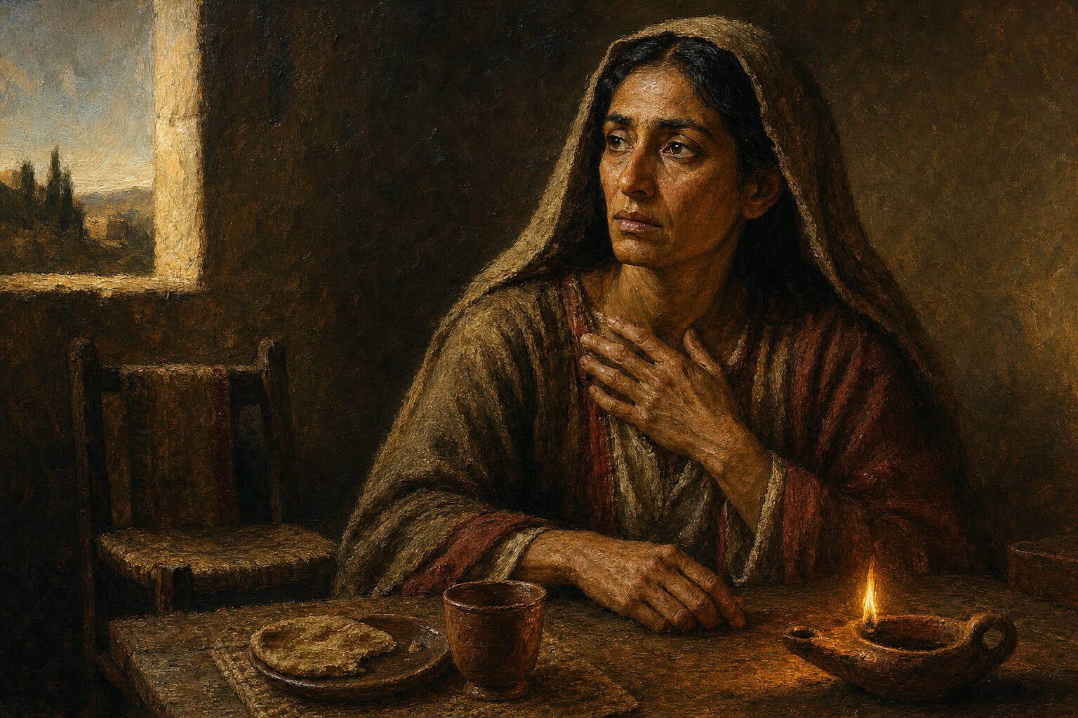 An empty chair by a window in a dim quiet room, one place set at a table