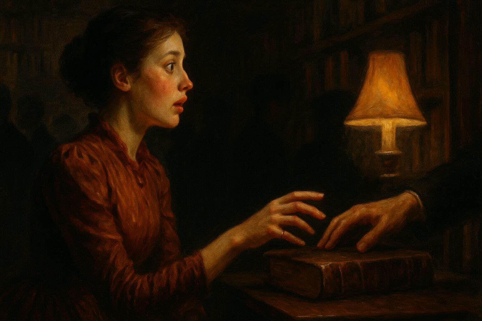 Young woman freezing mid-reach toward a stranger's hand at a book, breath caught in sudden desire