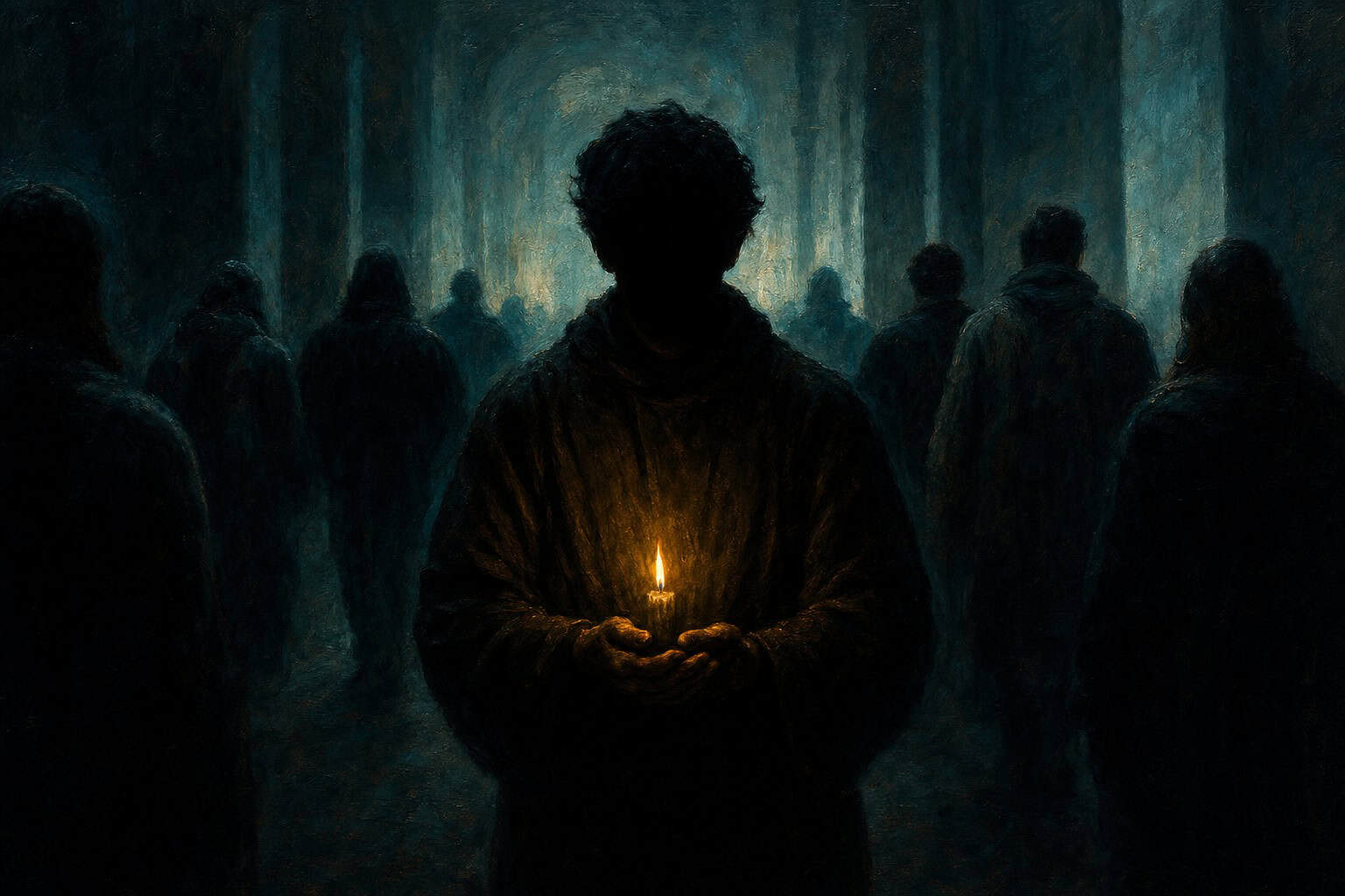 A man standing in a dim hall, hands cupped around a small flame, faces passing by without turning their heads — Confessions to the Empty Chair by Anthony Adore