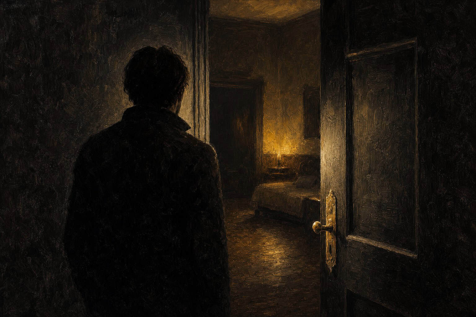 A figure seen from behind at a darkened doorway, shoulders pulled back in a defensive stance, a gold gleam on the door handle — a painterly chiaroscuro oil painting evoking the attunement of Vigilance, by Anthony Adoré.