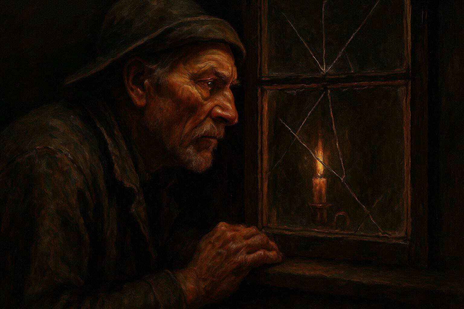 An old fisherman peers warily through a cracked window at night, his lined face taut with painful discernment