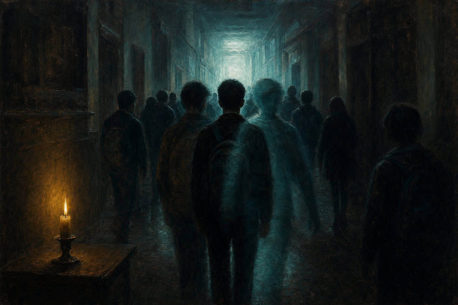 A young man holds a candle, gazing at a ghostly figure in a dimly lit stone setting, surrounded by shadowy onlookers.