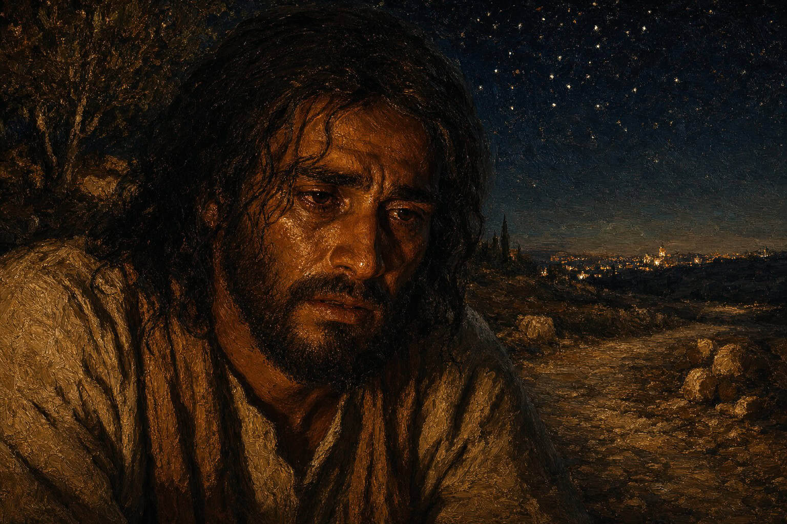 A lone figure on a gravel roadside beneath an enormous star-filled sky, city glow faint on the horizon