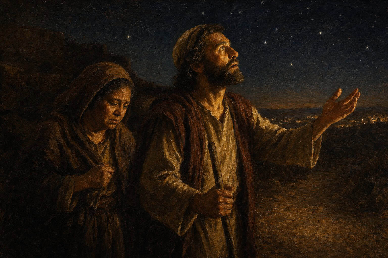 Two figures on a dark roadside beyond city lights, one gazing up at a vast field of stars
