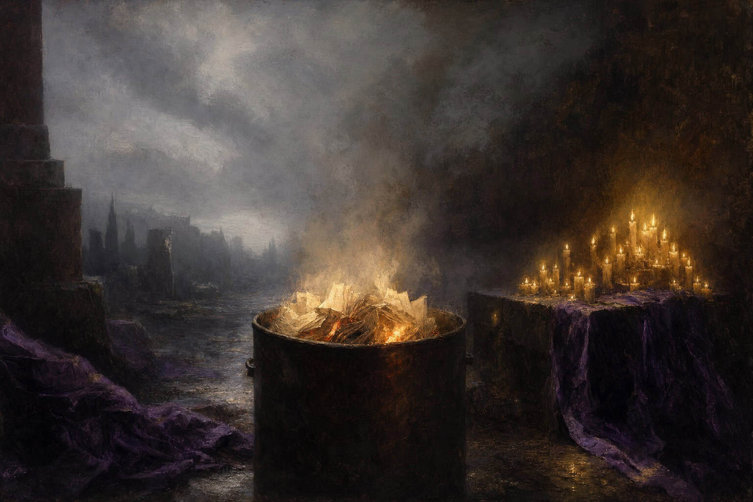 A man kneels in prayer, hands clasped, with a solemn expression, illuminated by warm light from a nearby fire.